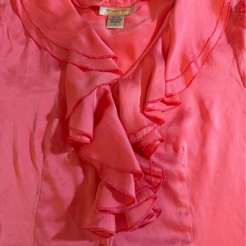 Short Sleeve Silk Blouse coral pink size 8 ruffles v-neck - Picture 4 of 9